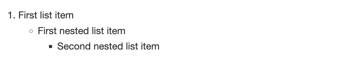 Screenshot of rendered GitHub Markdown showing a numbered item followed by a bulleted item nested one level to the right, and another bulleted item nested yet further to the right.